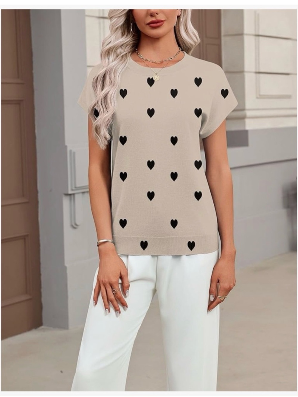 Heart-Print Short Sleeve Knit Top - Beige